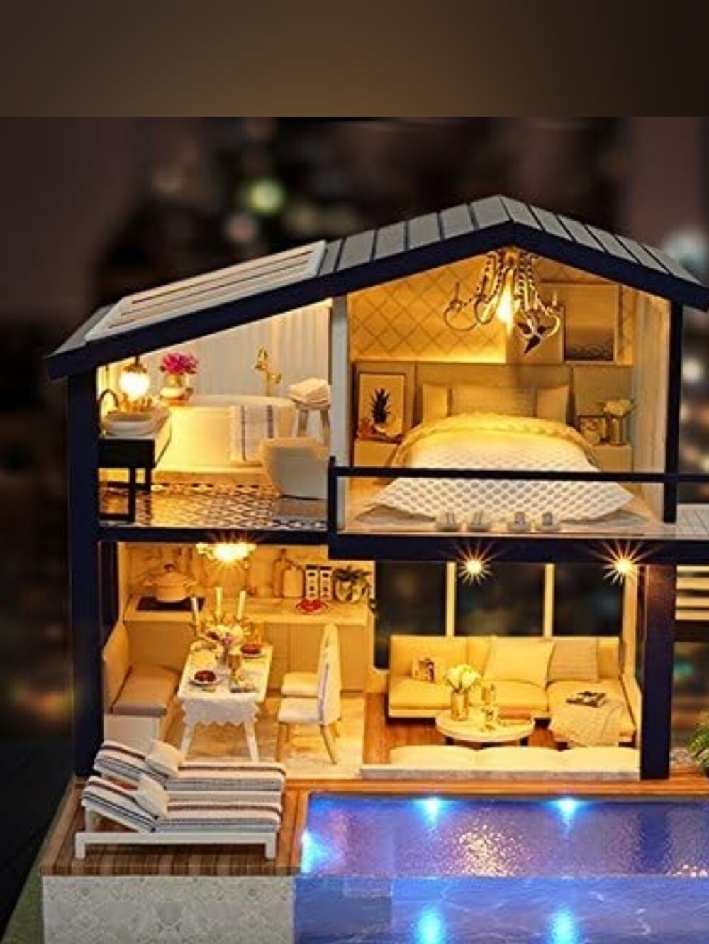 Modern Blue & White Dollhouse with Lighted Pool - Picture 10 of 16